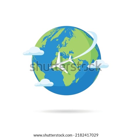 Plane flying over the world isolated on white background. Travel concept. Vector stock