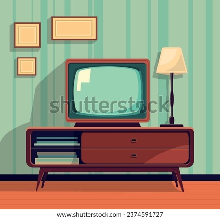 Retro interior with old television illustration. Analogue retro TV. Vector stock