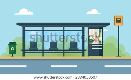 Empty bus stop with sky background. Bus stop public transport in flat style. Vector stock