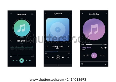 Set of music player app for mobile phones. Music player app interface. Vector stock