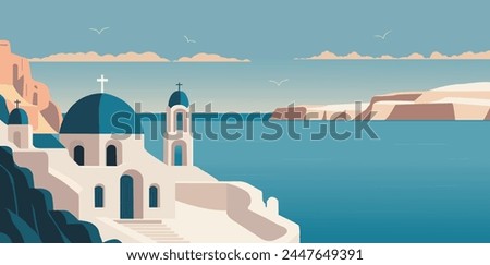 Santorini Island, Greek. Beautiful greece landscape travel background postcard. Santorini illustration landscape design. Vector stock