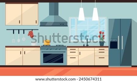 Modern kitchen in flat style. Kitchen interior with furniture. Vector stock	