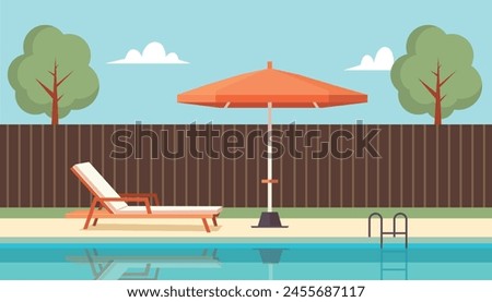 Swimming pool background in flat style. Swimming pool in hotel or resort with parasol and beach chair. Vector stock