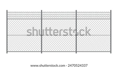 Metal fence with barbed wire. Rabitz grid isolated on white background. Secured territory. Protected area or prison fencing. Vector stock