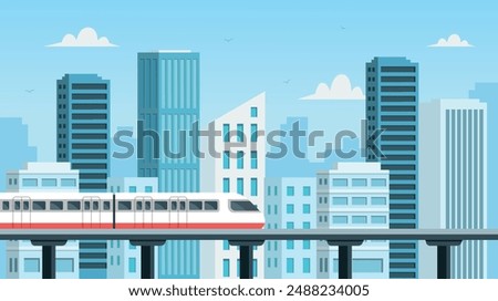 High speed train on the bridge. High speed train and skyscraper. Modern outdoor landscape.Vector stock