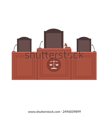 Empty courtroom podium isolated on white background. Courthouse judge interior podium justice concept. Vector stock