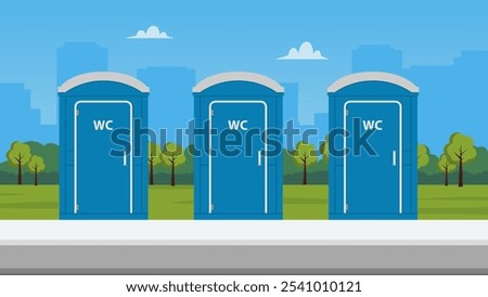 Outdoor portable toilets on street. Public toilet in park. Vector stock