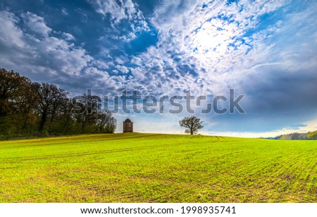 Cloudy sky over a green agriculture meadow. Agriculture field above cloudy sky. Cloudy sky over agriculture field