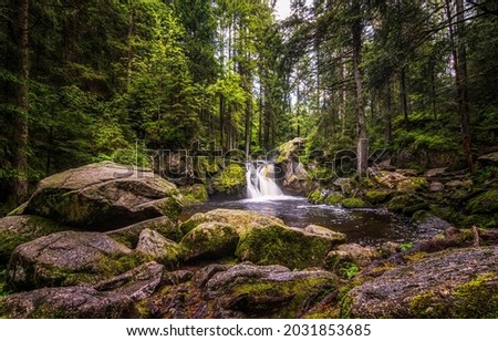 Waterfall in the deep forest. Forest waterfall pool. Waterfall in deep forest. Deep mossy forest waterfall landscape