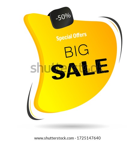 Big, exclusive sale, low prices,
Special offer, 50% off.
Yellow advertising icon to promote retail business, attract customers. Sale of various goods for a limited time.
Vector illustration.
