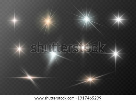 A set of glare. Flashes of light rays. Glow, radiance, glitter effect. A collection of different glowing sparks, stars. Vector illustration on a transparent background.  Stockfoto © 