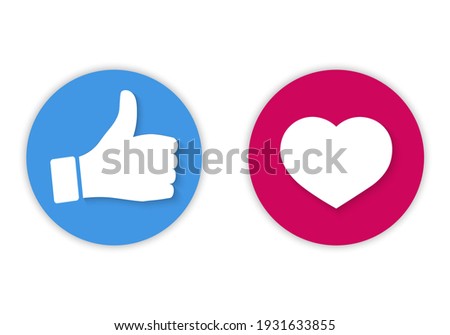 Set of vector icons, thumb up and heart icon. Round button, I like it for chat website, social media, mobile app. Approval, evaluation, expression of opinion.
