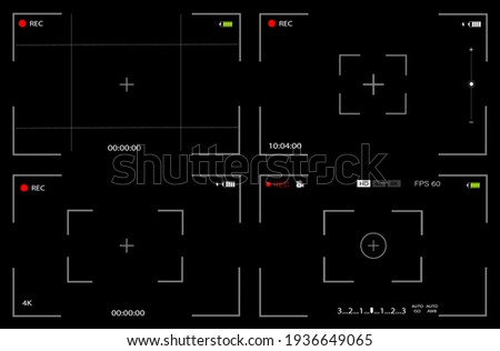 Camera video screen settings. A set of templates. Digital camera interface. Black background. Vector illustration.
