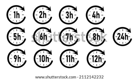 Clock arrow icons set 1, 2, 3, 4, 5, 6, 7, 8, 9, 10, 11 12, 24 hours.
Countdown time.
Delivery service, service time. Vector illustration.
