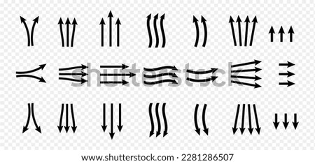 Set of black arrows. Airflow direction. The flow of the wind.
Wavy pointers in provo, up, down.
Vector illustration.
