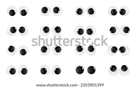 A set of plastic toy eyes. Glossy, bulging, puppet eyes. Cute, round, vector, isolated elements. Look down, up, left, right. Different, shaking, silly, hilarious pairs of eyeballs. Vector illustration