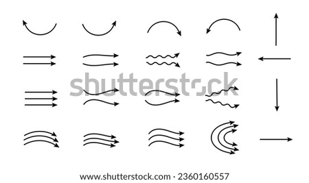 Set of black arrows icons. Curves pointer, turn to the side. Direction right left down up.Geometric abstract arrows of different shapes. Movement orientation. Vector illustration.	