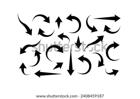 Set of black arrows icons.Movement orientation. Curve indicator, sideways rotation. Direction right left down up. Geometric abstract arrows of various shapes. Vector illustration.
