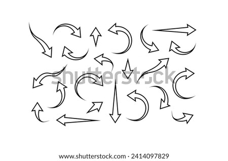 Set of black, empty arrows icons. Orientation of movement. Curve indicator, side rotation. Direction right left down up. Geometric abstract arrows of various shapes. Vector illustration.
