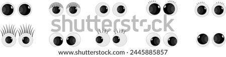 A set of plastic toy eyes. Glossy, bulging, puppet eyes. Cute, round, vector, isolated elements. Look down, up, left, right. Different, shaking, silly, hilarious pairs of eyeballs. Vector illustration