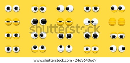 Set of cartoon, comical eyes. Cute character with round eyes and eyelashes.
Shiny, bulging, eyes with emotions. Angry looking down, up, left, right. Shaky, stupid, funny pairs of eyes. Vector