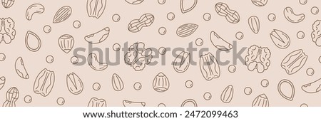 Walnut seamless pattern. Nuts in linear flat style.  Hazelnuts, pistachios, almonds, walnuts, pecans, peanuts. Printable template. Vector illustration.