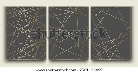 Set of luxury posters with golden lines. Dark textured backgrounds decorated with shiny gold. Geometric vertical patterns for design.Vector