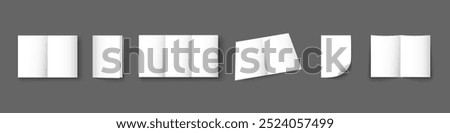 White sheets of A4 paper folded in half. Simple, isolated, blank white page layout with curves. Catalog page. Vector illustration on a gray background.	