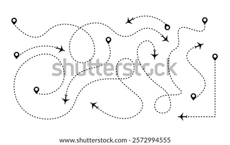 Airplane path. Flat dotted route lines. Location icons, destination on the map. Vector illustration.	