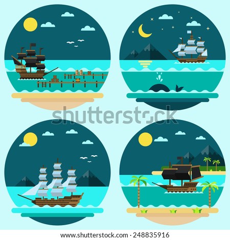 Flat design of pirate ships sailing illustration vector