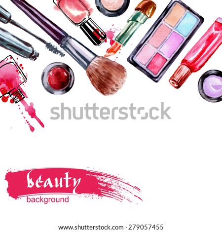 Watercolor cosmetics pattern  with make up artist objects: lipstick,  nail, perfumes, eye shadows, brushes, mascara . Hand drawn Vector beauty background.