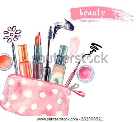 Watercolor cosmetics pattern. with  cosmetic bag and  make up artist objects: lipstick, eye shadows, eyeliner, concealer, nail polish. Vector illustration.