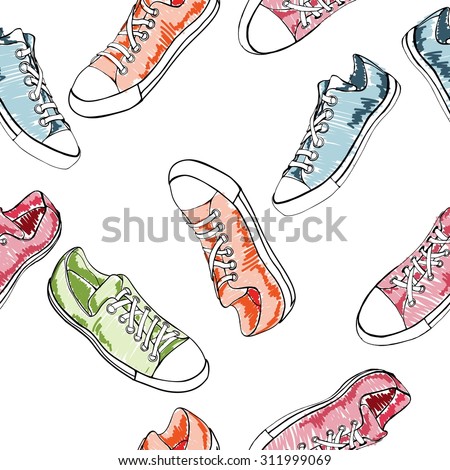 Seamless pattern with sport shoes or sneakers icons in different views. Sketch. Footwear   street style. Vector illustration.