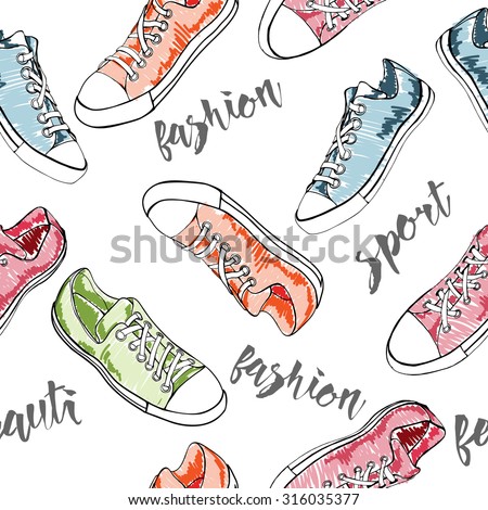 Seamless pattern with sport shoes or sneakers icons in different views. Sketch. Footwear   street style. Vector illustration.
