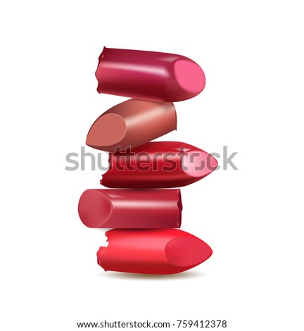 Broken lipstick make up isolated on white background. Template to advertise lipstick various colors. Fashion and beauty illustration. Vector Template