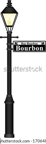 A vector illustration of an isolated New Orleans Bourbon Street lamp post and street sign.