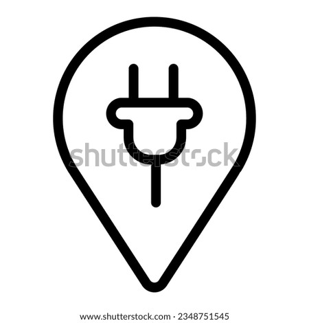 Location map pin and plug line icon, electric car concept, recharge point sign on white background, map mark with plug icon in style for and web. Vector graphics.