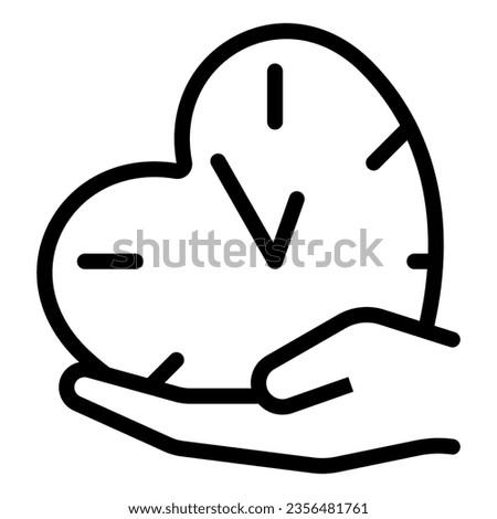 Clock, watch, heart shape, palm, hand, love time line icon, dating concept, timepiece vector sign on white background, outline style icon for mobile concept and web design. Vector graphics