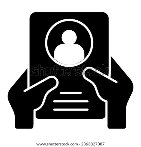 Worker questionnaire in hands solid icon, labour day concept, worksheet with photo sign on white background, Hand holding clipboard icon in glyph style for mobile and web. Vector graphics