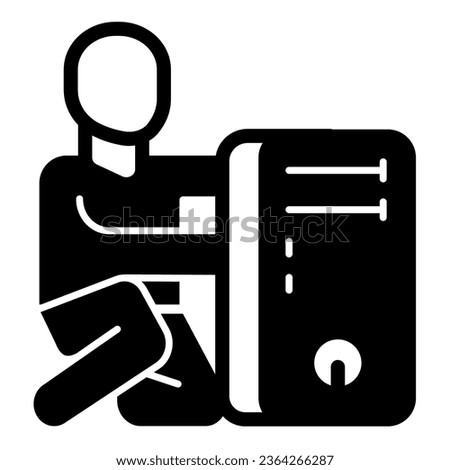 System unit and master solid icon, pcrepair concept, system unit, master vector sign on white background, man and computer glyph style for mobile concept and web design. Vector graphics