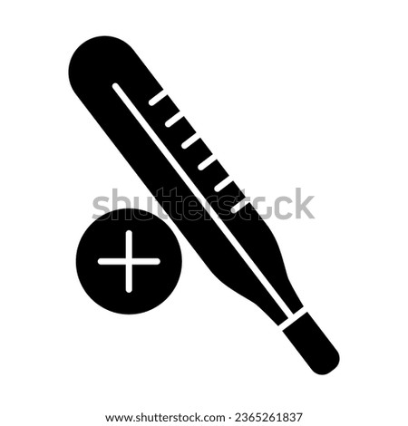 Medical thermometer solid icon, covid-19 concept, Check body temperature to prevent coronavirus sign on white background, glass thermometer with plus symbol in glyph style. Vector graphics