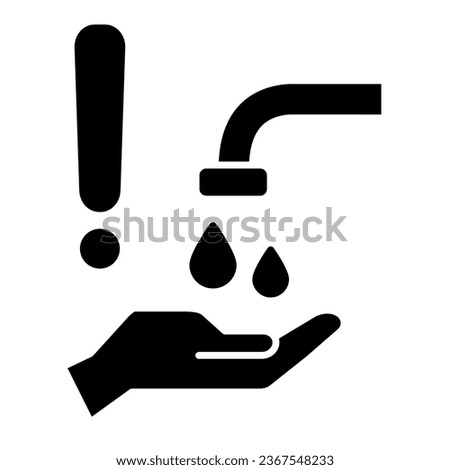 Wash hands under tap solid icon, personal hygiene concept, Keep hands clean with exclamation sign on white background, clean hands and prevent covid-19 icon in glyph style. Vector graphics