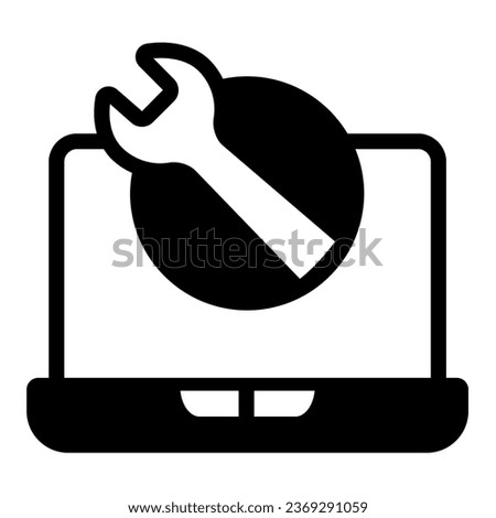 Laptop with wrench solid icon, pcrepair concept, laptope vector sign on white background, laptope and wrench glyph style for mobile concept and web design. Vector graphics