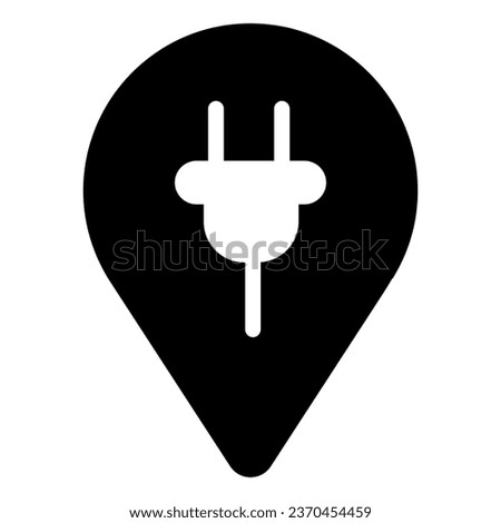 Location map pin and plug solid icon, electric car concept, recharge point sign on white background, map mark with plug icon in glyph style for mobile and web. Vector graphics