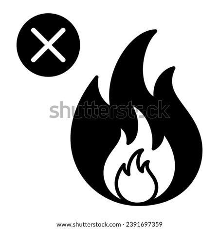 No fire solid icon, Safety engineering concept, Prohibition open flame symbol sign on white background, Fire symbol in glyph style for mobile concept and web design. Vector graphics