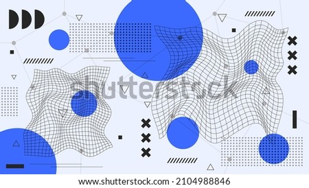 Flat abstract glitched generative art background with neo Memphis geometric composition. Conceptual illustration of high-tech cyberpunk technologies of the future. Wireframe background