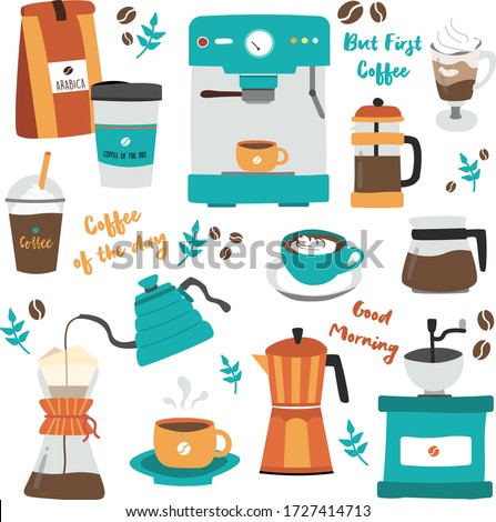 Hand drawn set of Coffee related vector. Let's have a coffee break! Barista. Illustration. Relax and chill. Fika time! Hygge. 