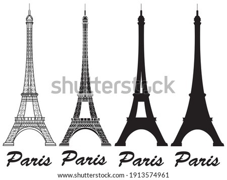 Set of Eiffel Tower vector icon with lines and the inscription Paris isolated on a white background. High quality badge