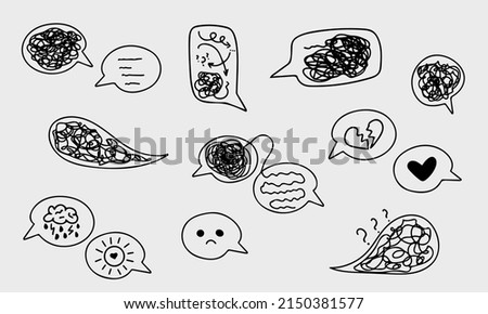 Confused messed up thoughts bubble line art icon set. Depressed mental state before therapy, brain overthinking everything. Vector illustration for therapist practice, healing, mental treatment