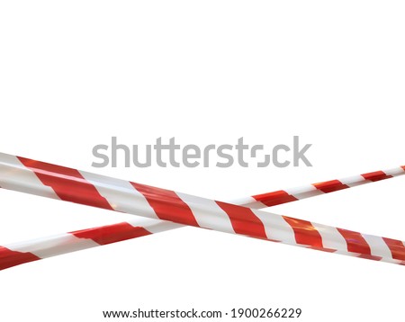 Red and white lines of barrier cross tape prohibit passage. Barrier tape on white isolate. Barrier that prohibits traffic. Danger unsafe area warning tape do not enter. Concept no entry. Copy space Foto stock © 